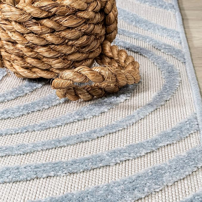 JONATHAN Y Maribo High-Low Abstract Striped Light Blue/Ivory 8x8 Square Indoor/Outdoor Area Rug, Pet Friendly, Non-Shedding, Stain Resistant, Easy-Cleaning for Backyard, Patio (SCN103C-8SQ)