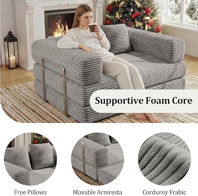 BSHOMGI 4 in 1 Futon Sofa Bed Queen Size - Foldable Convertible Sleeper Sofa Couch with L-Shaped Support, Removable Washable Floor Space Saving for Bedroom & Dorm (Light Gray, 53.15" Double Sofa)