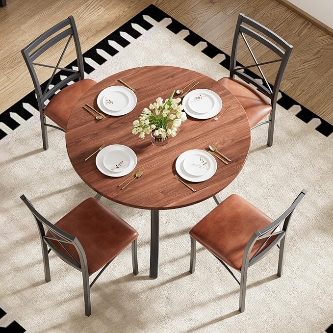 VECELO 5 Piece Dining Table Set for 4 with Chairs, Wood Grain Tabletop, Small Space, Kitchen, Breakfast Nook, Brown