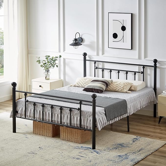 VECELO Queen Size Metal Platform Bed Frame with Headboard,No Box Spring Needed/Mattress Fundation/Victorian Vintage Style