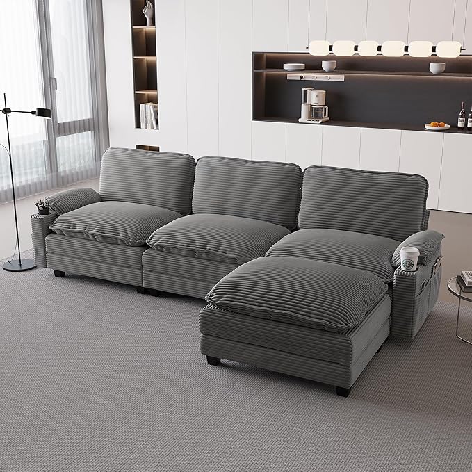 113" Convertible L Shaped Modular Sectional Sofa with Ottoman, Deep Seat Cloud Corner Couch with Layered Cushion, Corduroy Upholstered Sofa Couches w/Cupholders and Side Pockets | Wood Frame, Solid Legs