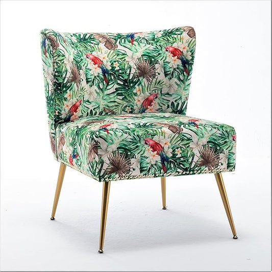 Thia Armless Accent Chair for Living Room, Elegant Seat with Nailhead Trim, Gold Metal Legs and Comfortable Curved Back, 28" D x 25" W x 29.5" H, 06 Floral Print