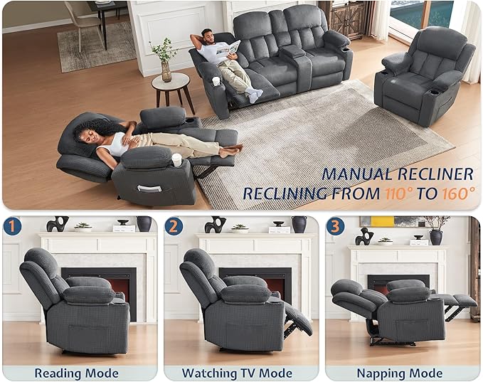 Jocisland Manual Recliner Couch, 3 Seater Reclining with Cup Holders, Console with Charging Socket, Comfy Recliner Sofas for Living Room (Grey)