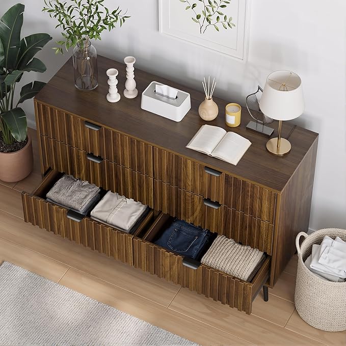 Fluted 6 Drawers Dresser, 47.24" W Modern Chest of Drawers, Mid- Century Modern Wooden Dresser Drawer Organizer for Bedroom, Living Room, Hallway, Entryway, Walnut