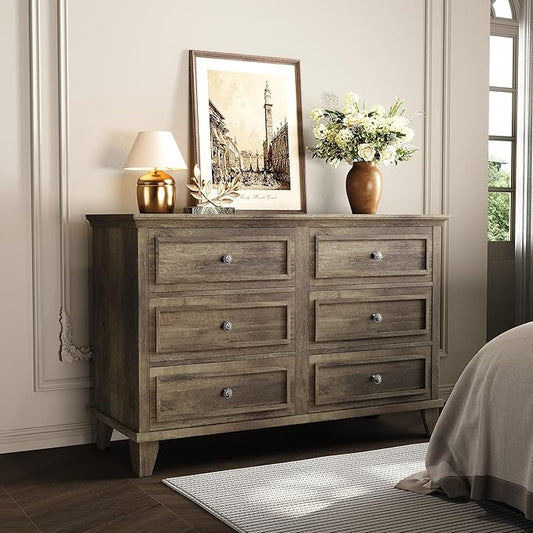 GarveeHome Farmhouse Grey Dresser for Bedroom with 6 Drawer, Double Dresser TV Stand with Vintage Handle, Wide Wood Dressers & Chests of Drawers, 6 Drawer Dressers for Bedroom, Living Room, Hallway