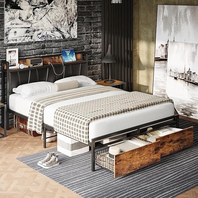 LIKIMIO Full Size Bed Frame, Storage Headboard with Charging Station, Platform Bed with Drawers, No Box Spring Needed, Easy Assembly, Vintage Brown and Black