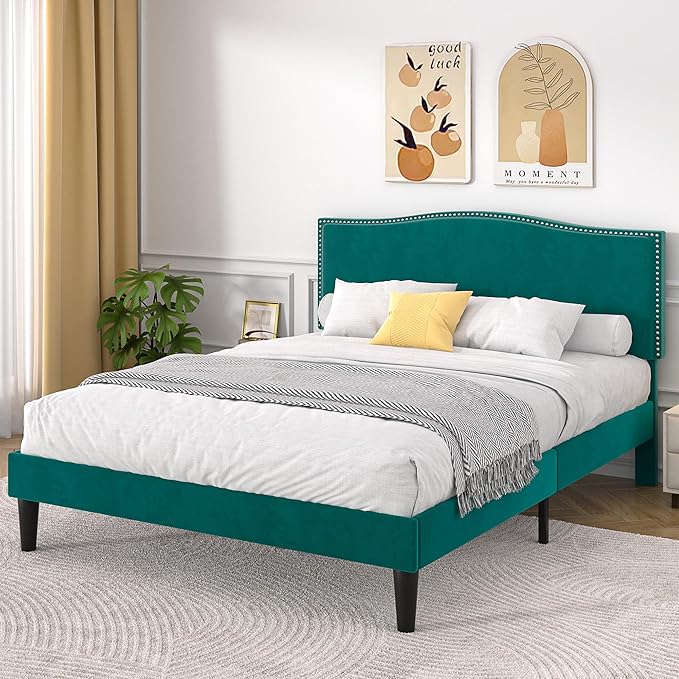 VECELO Full Bed Frame, Platform Bed Frame with Adjustable Height Upholstered Headboard, Heavy-Duty Frame and Strong Wooden Slats Support, Non-Slip and Noise-Free, Easy Assembly, Dark Green