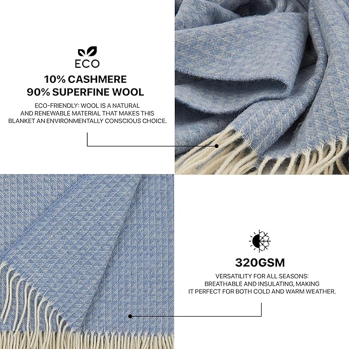| Cashmere Blend Blanket | 10% Cashmere, 90% Superfine Wool | Ultra-Soft, Warm & Breathable Throw with Fringes | Elegant Bed or Sofa Layer 55"x79" (140 x 200 cm)
