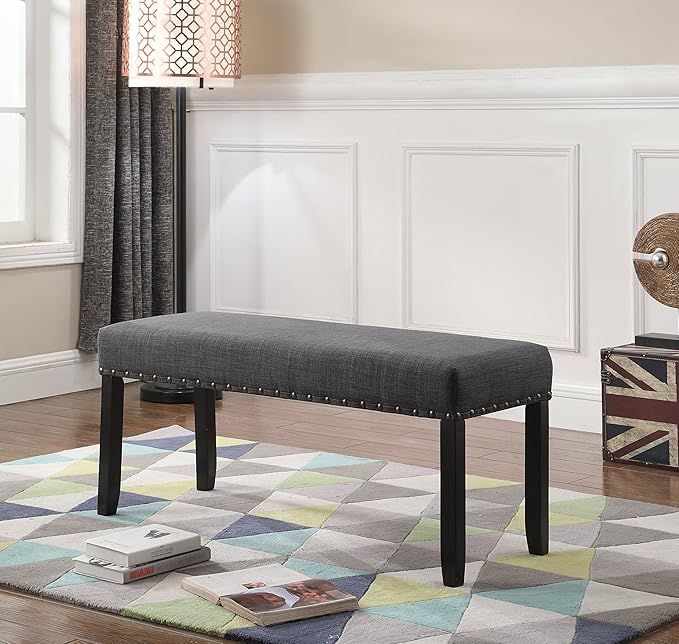 Roundhill Furniture Biony Gray Fabric Dining Chairs with Nailhead Trim, Pack of 2 Biony Fabric Dining Bench with Nailhead Trim, Grey
