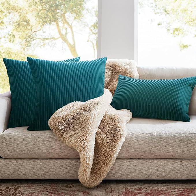 YCOLL Teal Pillow Covers 20x20 Set of 2 Velvet Striped Pattern - Soft Throw Pillows for Home Decor, Luxury Decorative Pillow Covers for Couch, Bed,Living Room