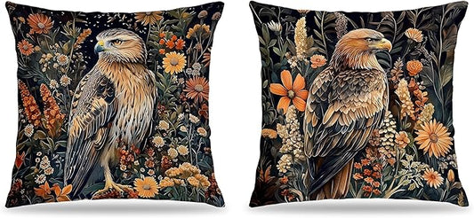 William Morris Inspired-Vintage Floral Hawk Bird Pillow Covers 18x18 Set of 2, Dark Cottagecore Academia Mid Century Botanical Eagle Bird Decor Pillow Covers for Home Living Room Bedroom