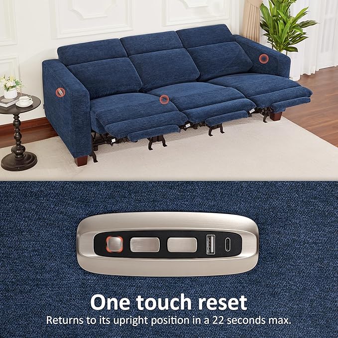 MCombo 88.6'' Reclining Sofa, Wall Hugger Power Recliner Sofa with Adjustable Headrest, USB A & C Charge Ports, Wood Legs, for Living Room (Fabric, HL198M3) (Navy Blue, 3-Seater)