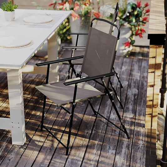 Flash Furniture Mystic Folding Patio Sling Chairs, Outdoor Textilene Lawn Chairs with Armrests, Set of 4, Brown