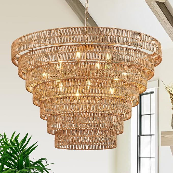 Hand-Woven Rattan Chandelier Vintage Farmhouse 15-Lights Boho Bamboo Large Chandeliers Light Fixture 7-Tier Drum Wicker Chandelier for Dining Room, Living Room, Kitchen, E12