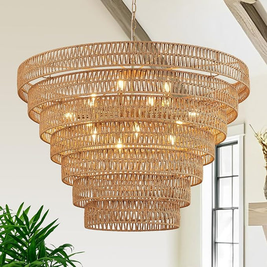 Hand-Woven Rattan Chandelier Vintage Farmhouse 15-Lights Boho Bamboo Large Chandeliers Light Fixture 7-Tier Drum Wicker Chandelier for Dining Room, Living Room, Kitchen, E12