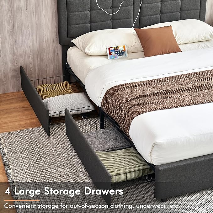 VECELO Queen Size Bed Frame with 4 Drawers, Adjustable Tufted Button Headboard, Upholstered Platform with Wood Slats Support, Built-in USB and Type C Ports, Dark Gray