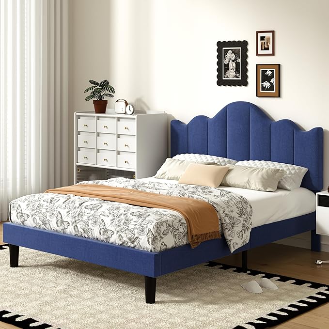 VECELO Queen Size Upholstered Platform Bed Frame with Adjustable Headboard, Wood Slat Support and Noise-Free, No Box Spring Needed, Easy Assembly, Blue