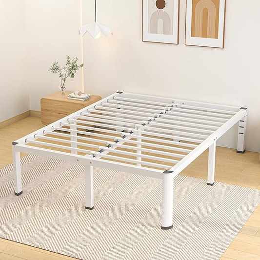 14 Inch Full Bed Frame, Metal Platform Bed Frame with Round Corner Legs, 3500 lbs Heavy Duty Steel Slats Support, No Box Spring Needed, Noise Free, Easy Assembly, White