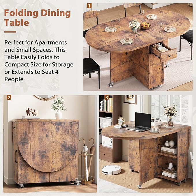Round Folding Dining Table for 6, Space Saving Drop Leaf Kitchen Table with Storage Drawer, 6 Wheels Oval Gateleg Foldable Dining Table for Small Spaces (Vintage, 51" x 31.5" x 30")