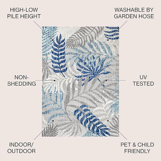 JONATHAN Y Tropics Palm Leaves Indoor Outdoor Area Rug 5X8 Gray/Blue, Boho for Backyard, Patio, Porch, Easy-Cleaning, High Traffic, Pet-Friendly, Non-Shedding (AMC100A-5)