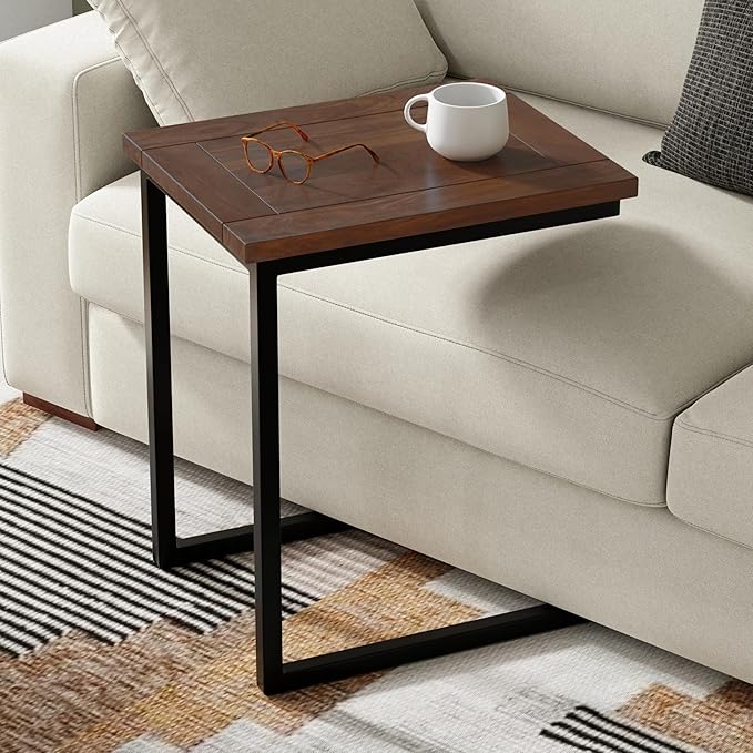 SIMPLIHOME Skyler C-Side Table - 16 inch Wide Solid Mango Wood and Metal Slide-Under Table in Walnut Brown, Industrial Accent Table or End Table for Living Room with Open Frame Design, Assembled