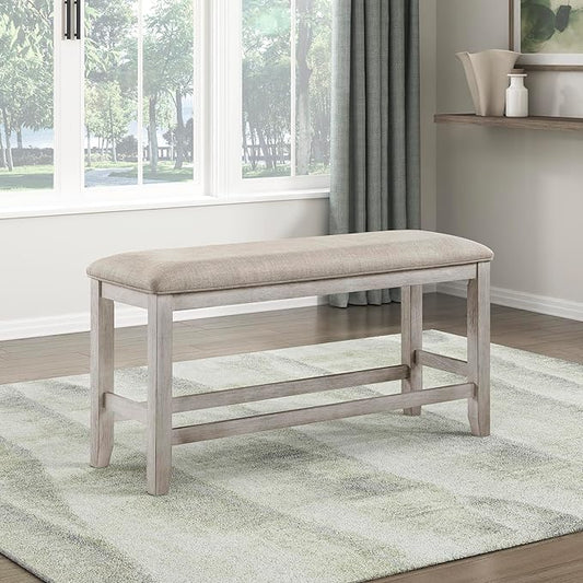 Lexicon Counter Height Dining Bench with Padded Seat and Wooden Frame, Entryway Bench, Light Gray Textured Fabric Upholstered Dining Seat for Kitchen/Living Room, 25.5" SH, Brushed Antique White