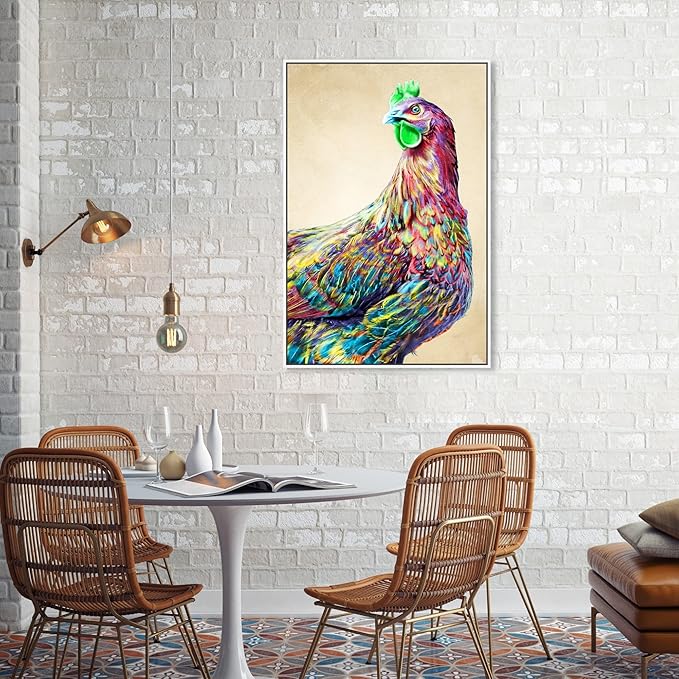 Country Farmhouse Canvas Print Painting Animal Wall Art 'Fun Colorful Glam Rooster' White Framed Canvas Rustic Home Décor 24x36 in Pink, Green by Oliver Gal