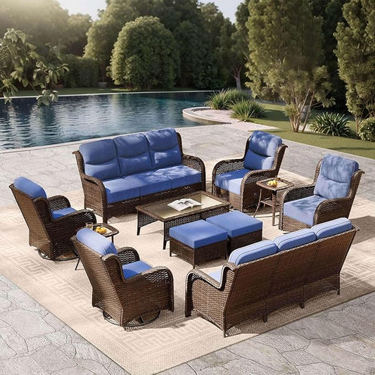 High Back Outdoor Furniture with Extra Thick Cushion Patio Swivel Rocking Chairs, Comfort 3-Seat Sofa, 11PCS Oversized Wicker Conversation Set for Porch, Deck, Yard in Blue