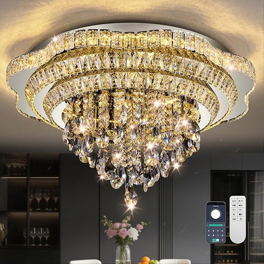 30" Sliver Crystal LED Ceiling Light Fixture with Remote Control,Large Flush Mount Chandelier with 3-Color Dimmable for Living Room Bedroom Dining Room