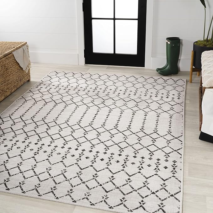 JONATHAN Y Moroccan Geometric Indoor Outdoor Area Rug 8X10 Cream/Black, Ourika Textured Weave for Backyard, Patio, Porch, Easy-Cleaning, High Traffic, Pet-Friendly, Non-Shedding (SMB108I-8)