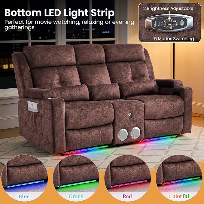 Power Reclining Loveseat with Flip Backrest, Power Loveseat Recliner Sofa with LED Lights, Bluetooth Speaker, 3-Seater Recliner Sofa with Arm/Seat Storage (Brown, Loveseat with Console)