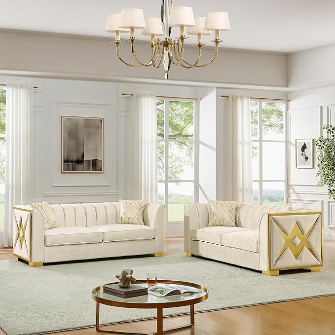 KEIKI 2-Piece Luxury Chesterfield Sofa Set with 2 Oversized Velvet 3-Seater Sofa, Upholstered Modern 6-Seater Button Tufted Couch Set with 4 Pillow, Gold Stainless Decoration, for Living Room, Beige