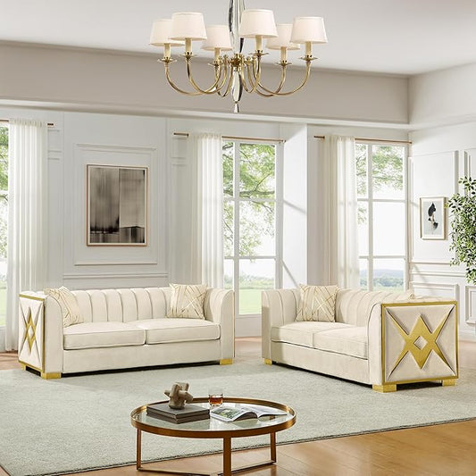 KEIKI 2-Piece Luxury Chesterfield Sofa Set with 2 Oversized Velvet 3-Seater Sofa, Upholstered Modern 6-Seater Button Tufted Couch Set with 4 Pillow, Gold Stainless Decoration, for Living Room, Beige