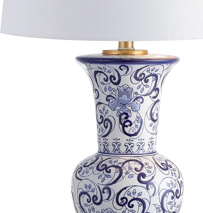 JONATHAN Y 28.5" Blue/White Chinoiserie Ceramic LED Table Lamp, Traditional Hand-Painted Floral Vase Lamp for Living Room, White Linen Shade, LED Bulb Included JYL5014A