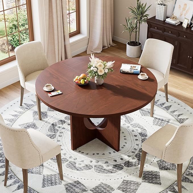 IDEALHOUSE 47" Round Dining Table, Kitchen Table for 4-6 People, Circle Tables with Sturdy Pedestal Base, Space Saving Dinning Room Furniture for Living Room, Kitchen, Apartment, Walnut