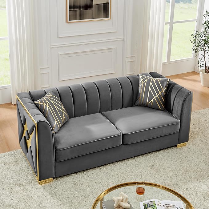 KEIKI 81" Luxury Oversized Velvet Chesterfield Sofa with 2 Pillow & Gold Stainless Decoration, Mid-Century Style 3-Seater Button Tufted Couch with Square Arms, Easy Assembly, for Living Room, Gray