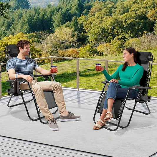 Elevon Zero Gravity Chair Set of 2 with Cup Holder & Removable Pillows, Adjustable Reclining Outdoor Patio Folding Chairs Portable Lounge Chair Furniture for Poolside, Lawn, Beach, Camping, Black