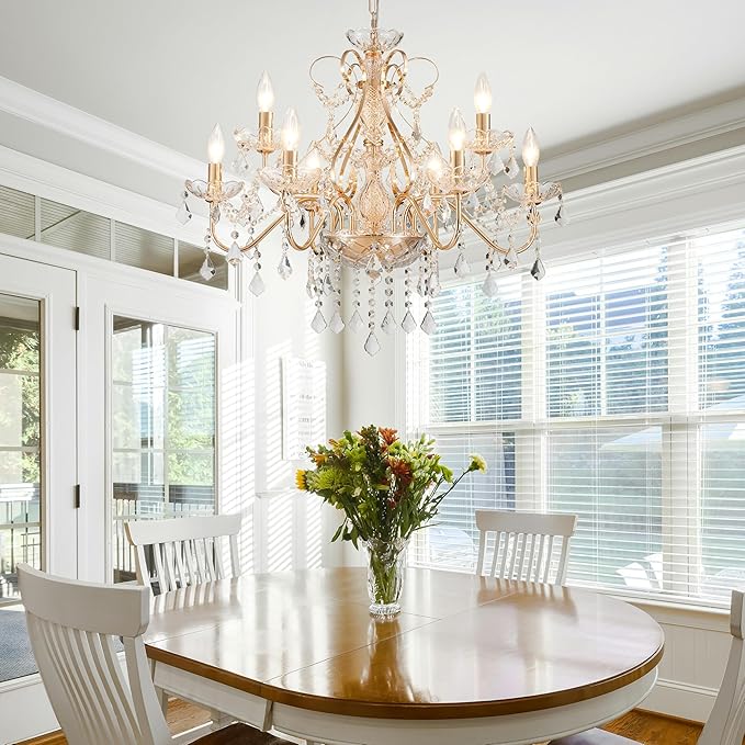 Saint Mossi Gold Crystal Chandelier for Dining Room, 9-Light Modern Chandelier Pendant Light, French Gold Crystal Raindrop Chandelier for Bedroom, Living Room, Foyer, H19 x D24