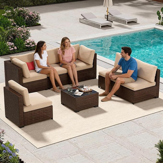 LHBcraft 7 Piece Patio Outdoor Furniture Set, Outdoor Sectional, All-Weather Manual Weaving PE Rattan Wicker Patio Sectional Sofa, Rattan Outside Furniture with Beige Cushion and Glass Table