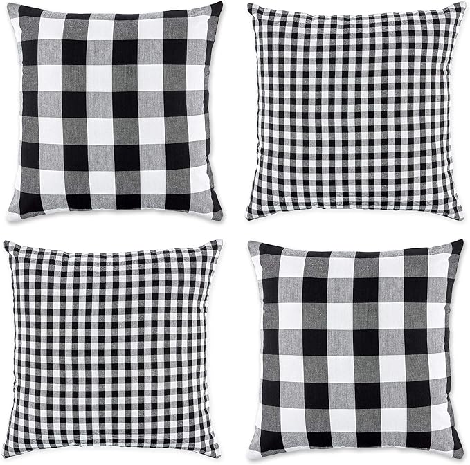 DII Throw Pillow Cover Collection Decorative Cotton Set, Machine Washable, 18x18, Black Gingham, 4 Piece