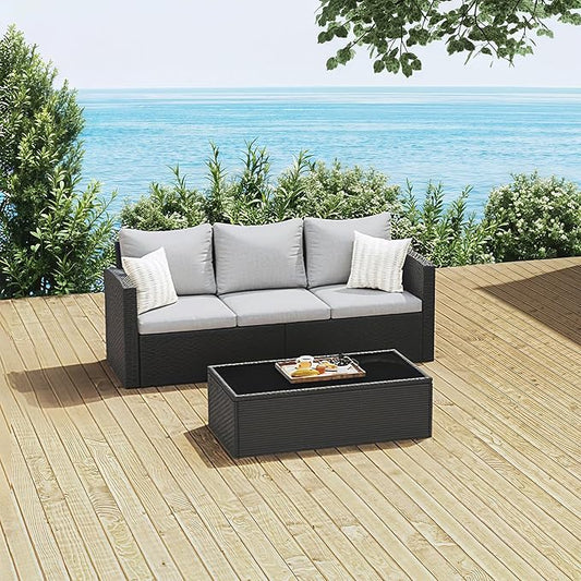 SUNVIVI OUTDOOR Outdoor Patio Couch with Coffee Table, All Weather PE Wicker Rattan Patio Sofa with Upgraded Cushions, Outdoor Furniture for Lawn Backyard Poolside Porch Garden, Gray