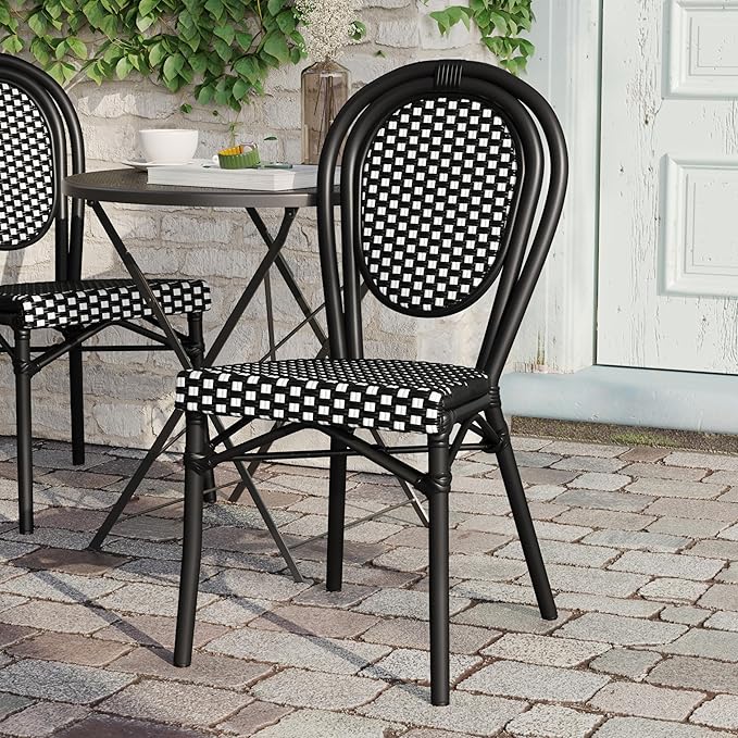 Flash Furniture Lourdes Indoor/Outdoor Commercial Thonet Bistro Stack Chair - Black/White PE Rattan Back and Seat - Black Metal Frame