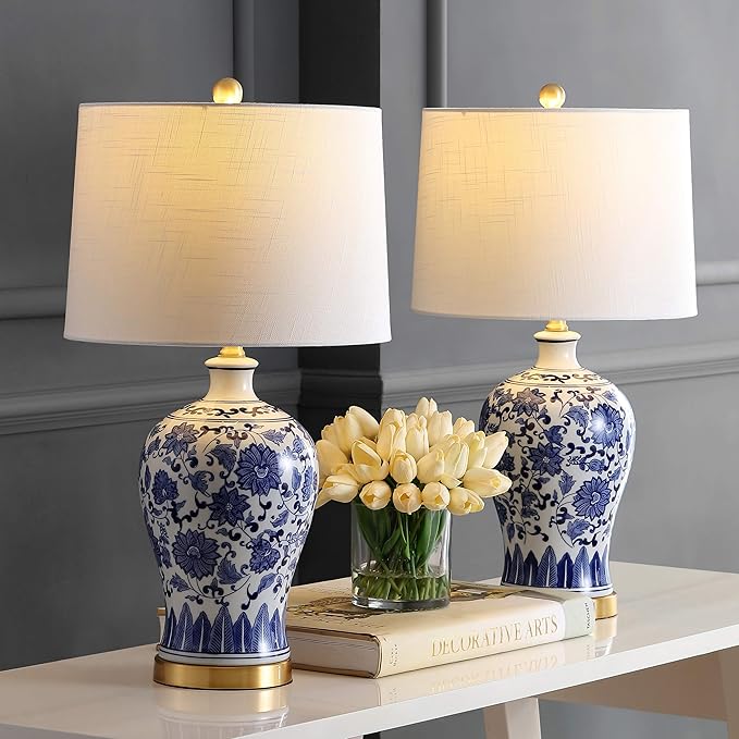 JONATHAN Y 25.75" Blue and White Ceramic Ginger Jar LED Table Lamp Set of 2, Traditional Brass Gold Base for Bedroom Living Room, White Linen Shade, LED Bulbs Included JYL1073A-SET2