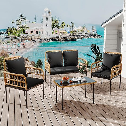 4 Pieces Outdoor Patio Furniture Set with Table - Rattan Balcony Furniture for Porch or Deck, Includes Chaise Lounge, 2 Armchairs with Cushions and Pillows for Porch Backyard Lawn Poolside Deck, Black