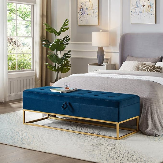 Ball & Cast 58.6" Velvet Storage Ottoman Bench, End of Bed Bench with Safety Hinge and Golden Metal Legs,Morden Entryway Bench,Foot Stool with Button Tufted Cushion for Bedroom,Living Room,Navy Blue