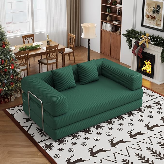 BSHOMGI 4-in-1 Foldable Sofa Bed Teddy Fabric Foam-Filled Compressed Couch, Convertible Loveseat Sofa, Boneless FoldingSleeper for Living Room, Guest Bed, Playroom (Green, 59” 2 Seat)