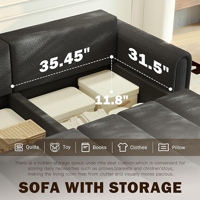 KEIKI 90.2" Modern 3-in-1 Sleeper Sofa Bed – Teddy Fabric 4-Seater Couch with Storage, King Size Convertible Sofa for Office, Guest Room, Home Workspace, Reclining Sofa Bed with Casters