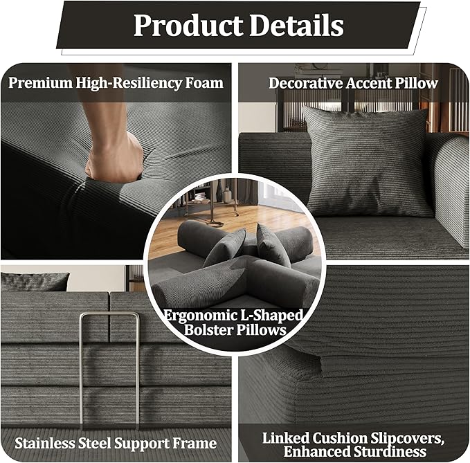 59'' Convertible Compressed Corduroy Folding Sofa Bed, Modern Boneless Pull Out Loveseat Sleeper in a Box, 4 in 1 Floor Mattress Futon Cloud Couch for Home, No Assembly Needed, Grey, 2 Pillows, Queen
