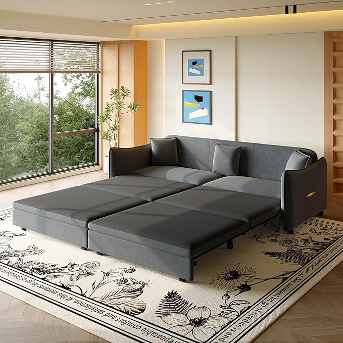 Eafurn 82" Oversized Loveseat Convertible Pull Out Sleeper Sofa Couch Bed King Size, 3-in-1 Sleeper Loveseat Sofa Lounge Chaise with Pull Out Bed and Curved Armrest | Removable Cushions