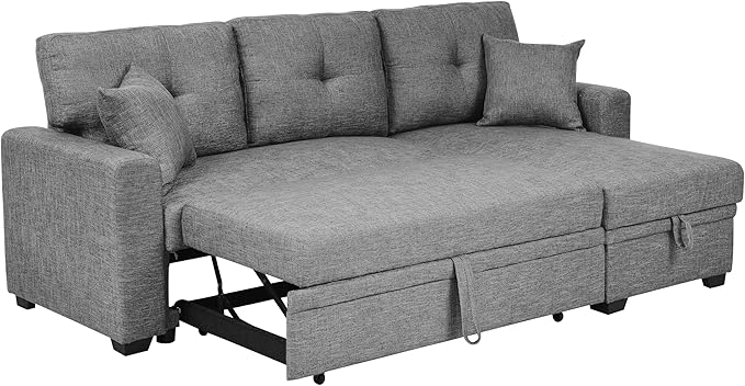ERYE 76.5-inch Pull Out Sleeper Couch Bed, L-Shaped Reversible Sleeper Sectional Sofa Polyester Blend Tufted Upholstered Corner Convertible Sofa Bed with Storage Chaise